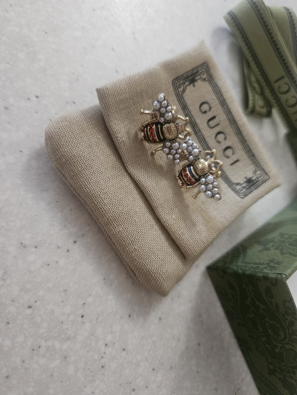 Gold Bee Earrings with Pearl Clusters and Red-Green Enamel